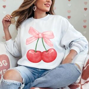 Womens Coquette Bow‎ Cherry Soft Girl Preppy Aesthetic Crewneck Sweatshirt
